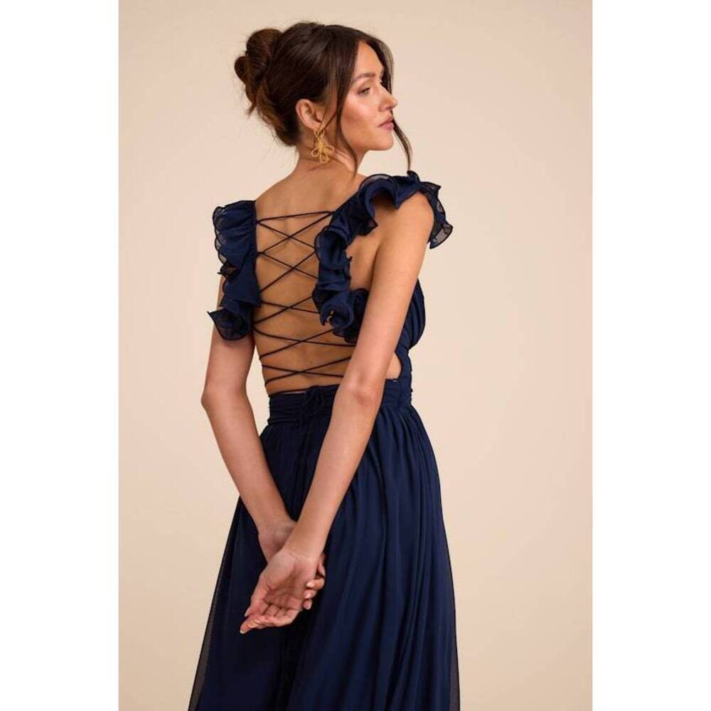 Lulus Soiree Celebration Navy Blue Ruffled Lace-up Maxi Dress - Size M